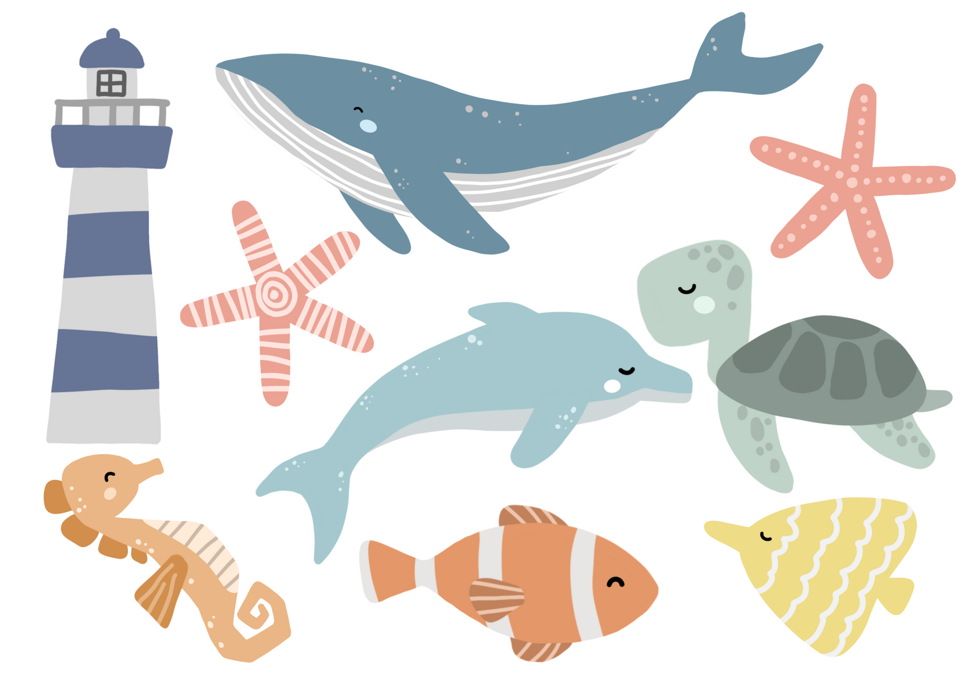 Sea life wall stickers including whale, turtle, fish, sea star and light house