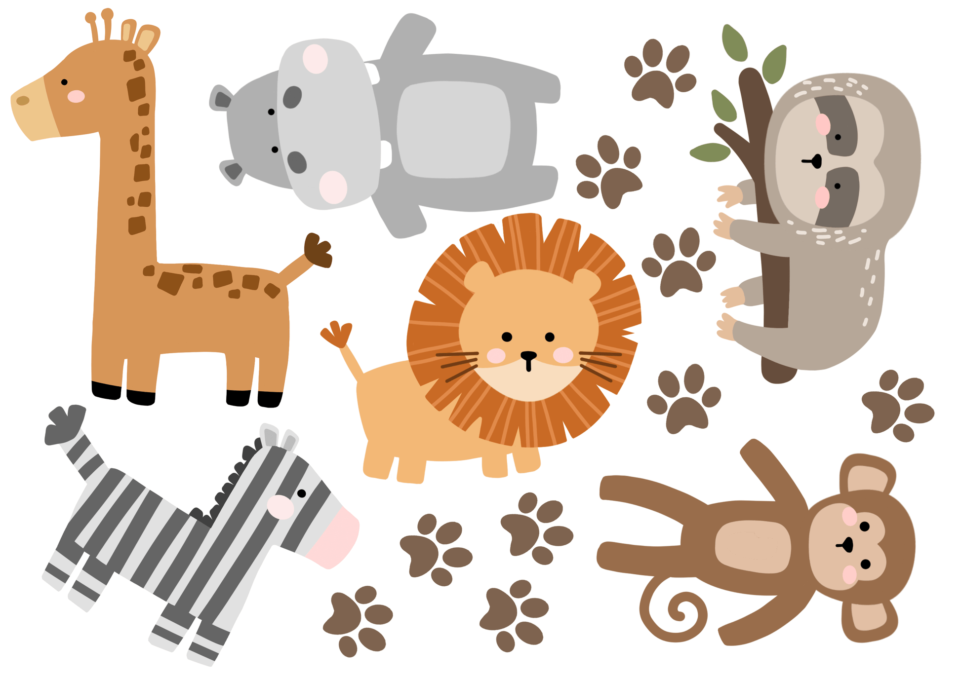 Safari wall stickers including giraffe, hippo, sloth, lion, zebra and monkey
